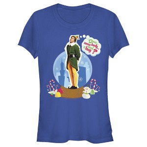 Juniors Womens Elf Buddy Hug Snow Globe T-Shirt - 1 of 3