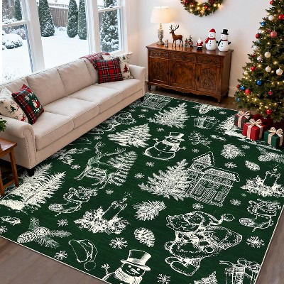 GustoWave Washable Christmas Floor Area Rug, Low Pile Christmas Printed Carpet, Green