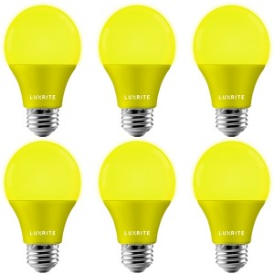 Luxrite A19 LED Yellow Bug Light Bulbs, 60W Equivalent, Non-Dimmable, UL Listed, E26 Standard Base, Indoor Outdoor, Porch, Home Lighting 6 Pack - 1 of 4