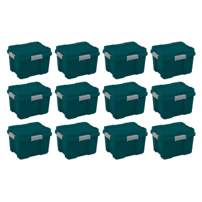 Sterilite 20 Gallon Heavy Duty Plastic Gasket Tote Stackable Storage Container Box with Lid & Latches for Home Organization, Teal Rain/Gray (12 Pack)