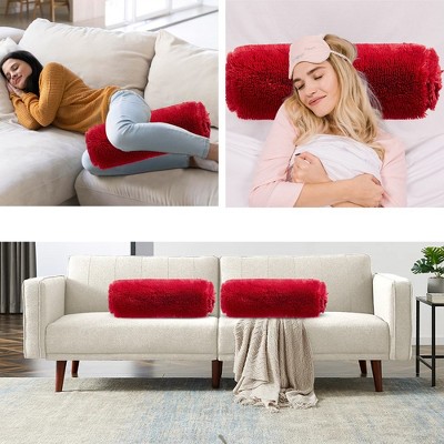 Set of 2 Maroon Shaggy Long Hair Bolster Pillows