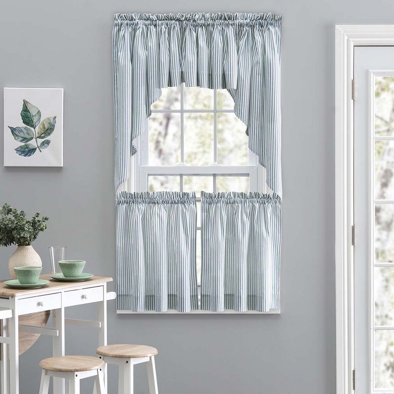 Ellis Curtain Plaza Classic Ticking Stripe Printed on Natural Ground 1.5" Rod Pocket Tailored Swag 56" x 36" Blue, 3 of 6