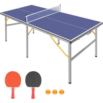 Ping Pong Table Foldable, Indoor/Outdoor, Portable Mid-Size Table Tennis Table With Net, 2 Ping Pong Paddles, 3 Balls, Blue