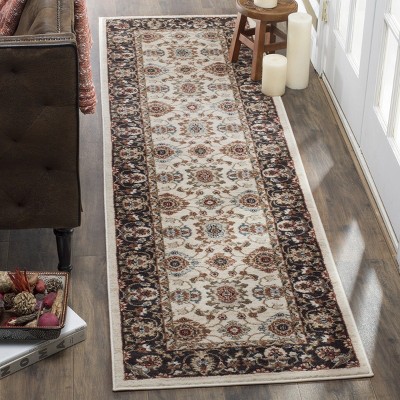 Cream and Navy Synthetic Safavid Style Runner Rug