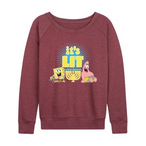 Women's - SpongeBob SquarePants - It's Lit Hanukkah Lightweight French Terry Wide Neck Long Sleeve Shirt - 1 of 4