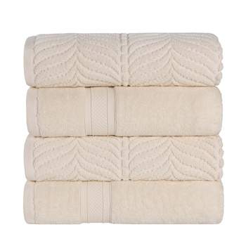 Zero Twist Cotton Solid And Floral Jacquard Bath Towel Set Of 4, Ivory ...