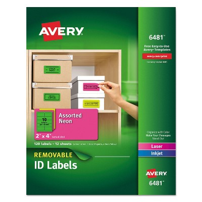 Avery High-Visibility Removable ID Labels Laser/Inkjet 2 x 4 Asst. Neon 120/Pack 6481