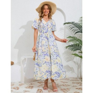 Coolmee Women Boho Floral Casual Smocked Ruffled Short Sleeve Dress Elegant V-Neck Split Maxi Dress - 1 of 4