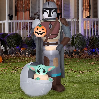 6.5 ft Tall Gray Inflatable Mandalorian with Grogu and Pumpkin