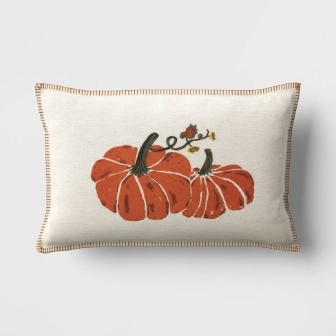 Printed Pumpkin With Blanket Stitch Edge Lumbar Throw Pillow Light Beige -  Threshold™ : Target
