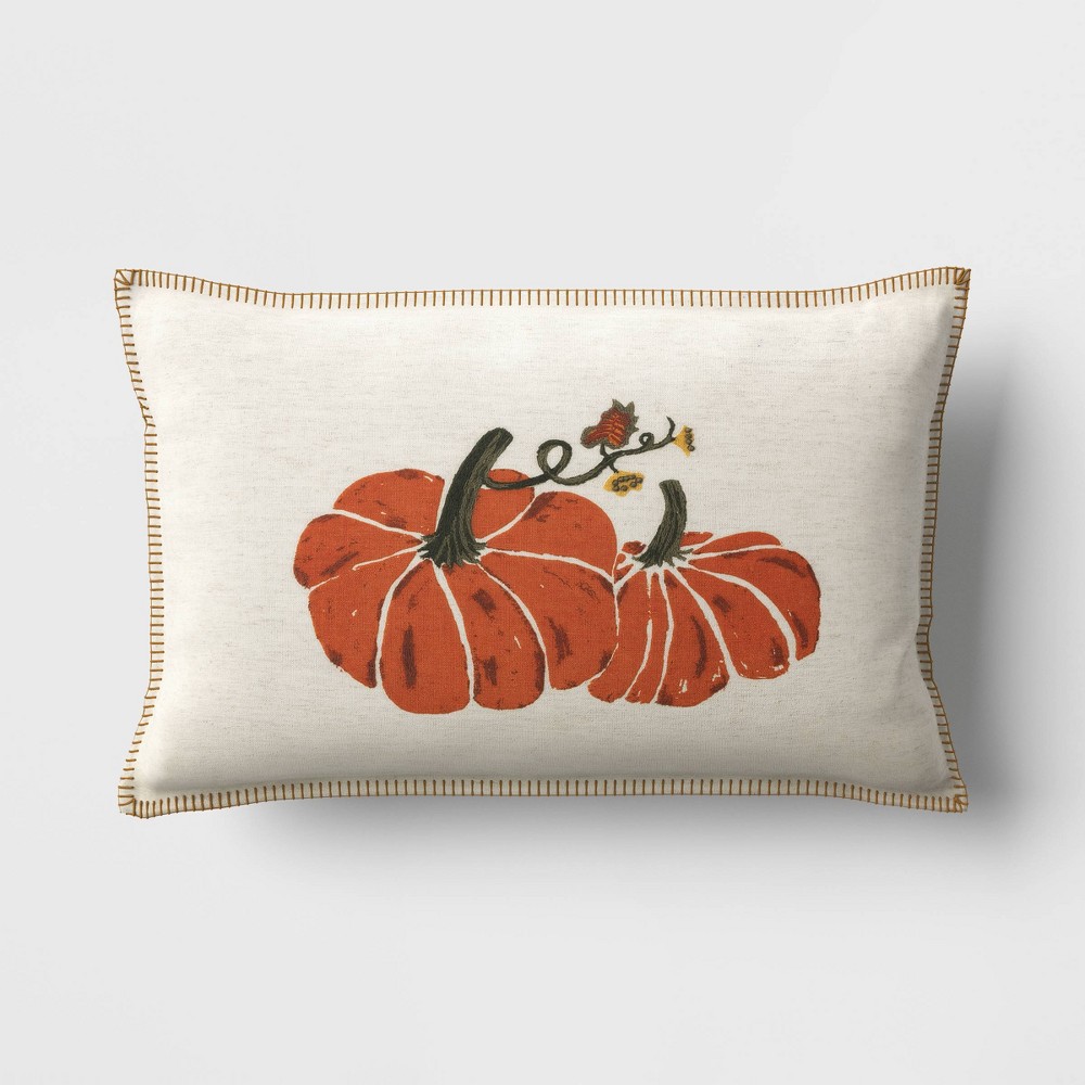 Photos - Pillow Printed Pumpkin with Blanket Stitch Edge Lumbar Throw  Light Beige 