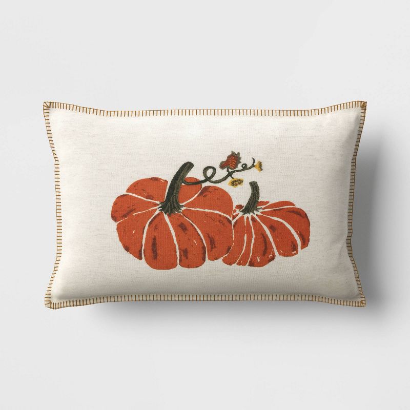 Printed Pumpkin with Blanket Stitch Edge Lumbar Throw Pillow Light Beige - Threshold&#8482;, 1 of 11