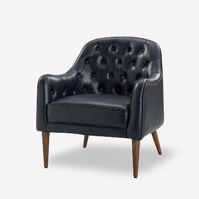 Justo 28.5" Wide Tufted Genuine Leather Wood Legs Accent Barrel Chair for Living Room with solid wood legs | ARTFUL LIVING DESIGN
