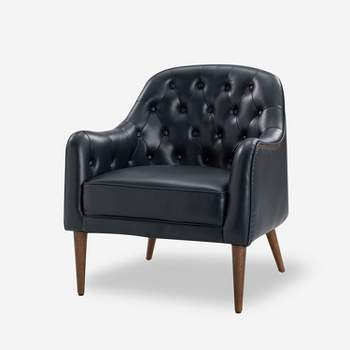 Justo 28.5" Wide Tufted Genuine Leather Barrel Chair for Living Room with solid wood legs | ARTFUL LIVING DESIGN-NAVY