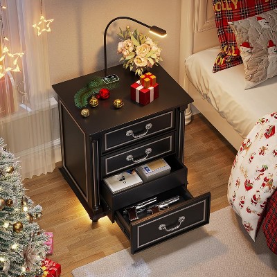 Vlsrka Farmhouse Nightstand with Hidden Compartment, 3 Drawers, LED Light, Motion Sensor & Charging Station