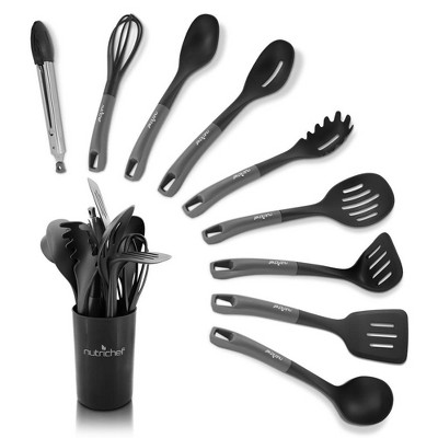 NutriChef 10 Pcs. Silicone Heat Resistant Kitchen Cooking Utensils Set -  Non-Stick Baking Tools with PP Holder (Gray & Black)