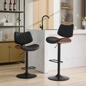 MAYEERTY Walnut Bentwood Bar Stools - Mid-Century Modern, Adjustable Height, Black Leather, 360 Swivel, 1 Chair/Carton - 1 of 4