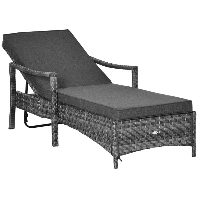 Outsunny Patio Chaise Lounge Chair, Outdoor PE Rattan Single Sun Lounger with 4-Level Adjustable Backrest and Removable and Washable Cushion, 4 of 7