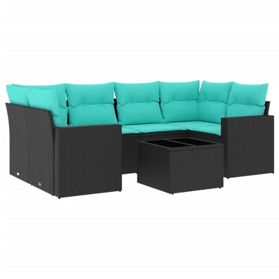 vidaXL 7 Piece Patio Sofa Set with Cushions Brown Poly Rattan - Black and Blue