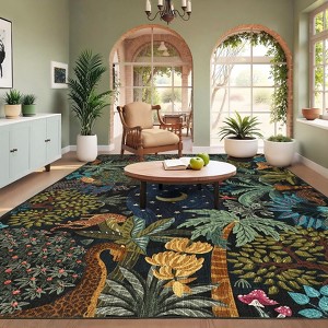Washable Floral Jungle Rug Non Slip Low Pile Rug Soft Throw Floor Cover Foldable Indoor Carpet for Living Room Bedroom Playroom Office - 1 of 4