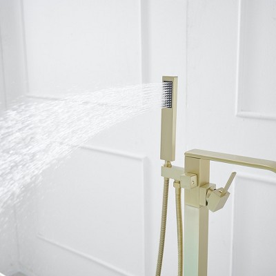 Brushed Gold Freestanding Roman Tub Faucet with Hand Shower