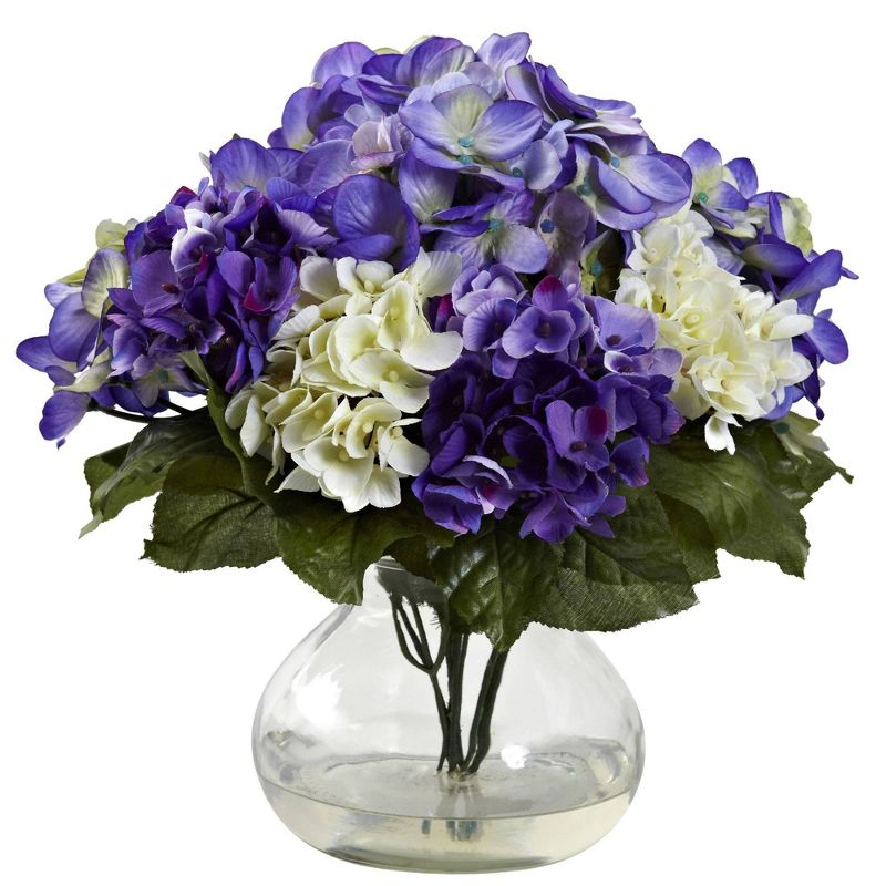 Nearly Natural 11-in Multi-Tone Beauty Hydrangea with Round Glass Vase, 2 of 3