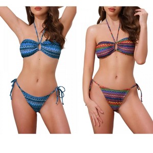 INSPIRE CHIC Women's Colorblock Stripes Ripple Halter Tie Back Top Triangle Bottom Swimwear Bathing Bikini Suits 2 Sets - 1 of 4