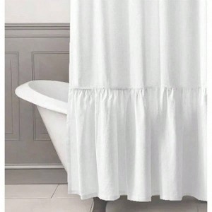White Farmhouse Boho Shower Curtain with Ruffle Hem Linen Blend 72 Inchx 72 Inch Bathroom Decor Rustic Style - 1 of 4
