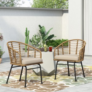 Boho Wicker Patio Tub Chair Set of 2, Handwoven Rattan Outdoor Accent Armchair with Water Resistant Cushion-3irtyhousy - 1 of 4