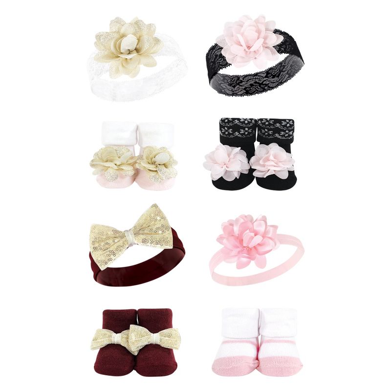 Hudson Baby Infant Girl 8Pc Headband and Socks Set, Lace Flower, 0-9 Months, 1 of 4
