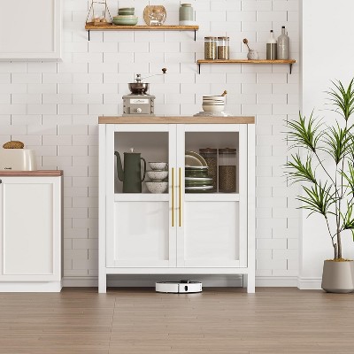 Garvee Sideboard Buffet Cabinet with 2 Glass Doors Compact Wood Grain Storage for Kitchen Dining
