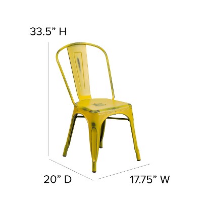 Distressed Yellow Metal Armless Indoor-Outdoor Stackable Chair