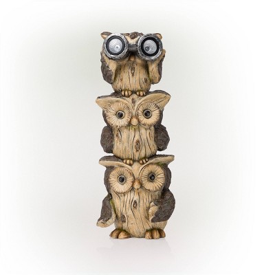 Alpine Solar Three Stacked Binocular Owls Polyresin Statue with LED Lights