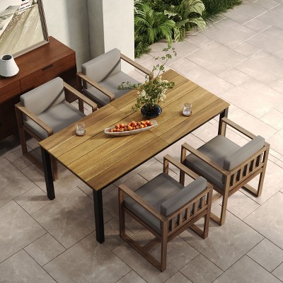 Coolbibila Modern 5 Piece Outdoor Patio Dining Set,Wooden Outdoor Rectangular Patio Garden Table for 4 and Fabric Upholstered Chair