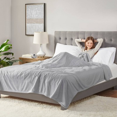 Full Light Grey Plush Heated Blanket with Controller