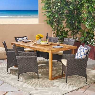 Moralis 7pc Acacia Wood and Wicker Dining Set - Natural/Beige - Christopher Knight Home