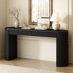 58" Modern Wood Console Table,Vertical Line Design,Storage Table with 2 Drawers and Curved Legs for Entryway or Living Room-Coolbibila - 1 of 4