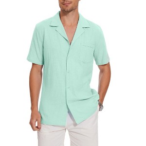 Men's Camp Collar Short Sleeve Shirt - Casual Button-Down with Chest Pocket & Back Pleat - 1 of 3