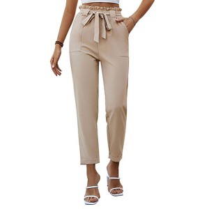 Coolmee Women Work Pants Paper Bag High Waist Bow Tie Dressy Trousers Office Business Casual Outfits with Pockets S Khaki - 1 of 4