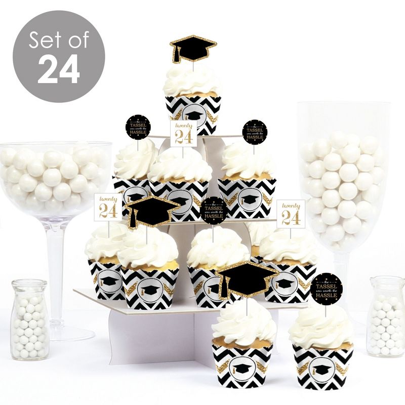 Big Dot of Happiness 2024 Gold Graduation Cupcake Decoration - Party Cupcake Wrappers and Treat Picks Kit - Set of 24, 2 of 8