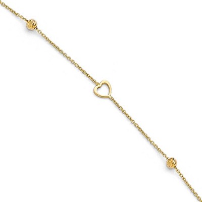 Black Bow Jewelry 14k Yellow Gold Open Heart and Diamond-Cut Bead Anklet, 10-11 Inch
