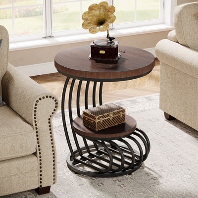 Lirago Brown Round End Table Faux Marble Top Metal Frame 19.68x19.68x24.8 2-Tier Storage Shelf Side Table