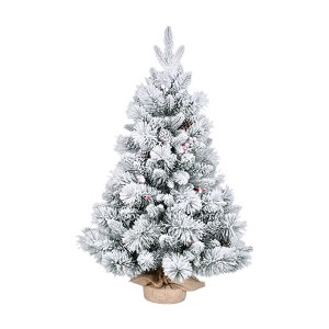 Hrinhom 3FT Flocked Christmas Tree,Small Snowy Holiday Tree with Pine Cones,Red Berries - 1 of 4