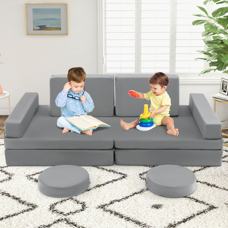Costway 10 PCS Kids Play Sofa Set Modular Convertible Foam Folding Couch Toddler Playset Blue/Grey/Green, 3 of 10