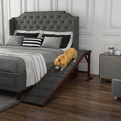 Brown Pine Wood Dog Ramp with Non-Slip Carpet and Top Platform