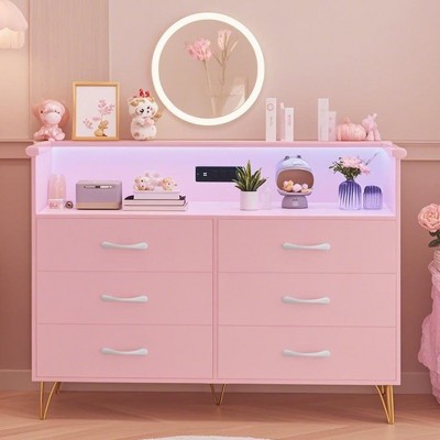 6-Drawer Dresser w/ LED Light & Charging Station, Double Wide Wooden Storage Chest for Bedroom, Living Room