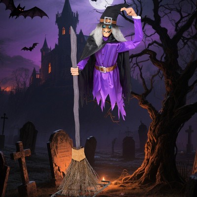 Joyfy 96'' Halloween Outdoor Decorations, Animated Flying Witch on Broom with Light Eyes and Scary Voice for Outside Yard Lawn Haunted House Decor