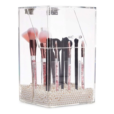 Glamlily Acrylic Makeup Brush Holder with Lid and Beads Cosmetic Organizer (6 x 5.7 x 9.25 In)