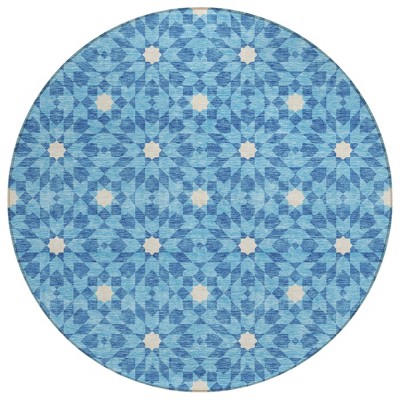 Denim Blue And Ivory Floral Medallion Washable Indoor Outdoor Area Rug