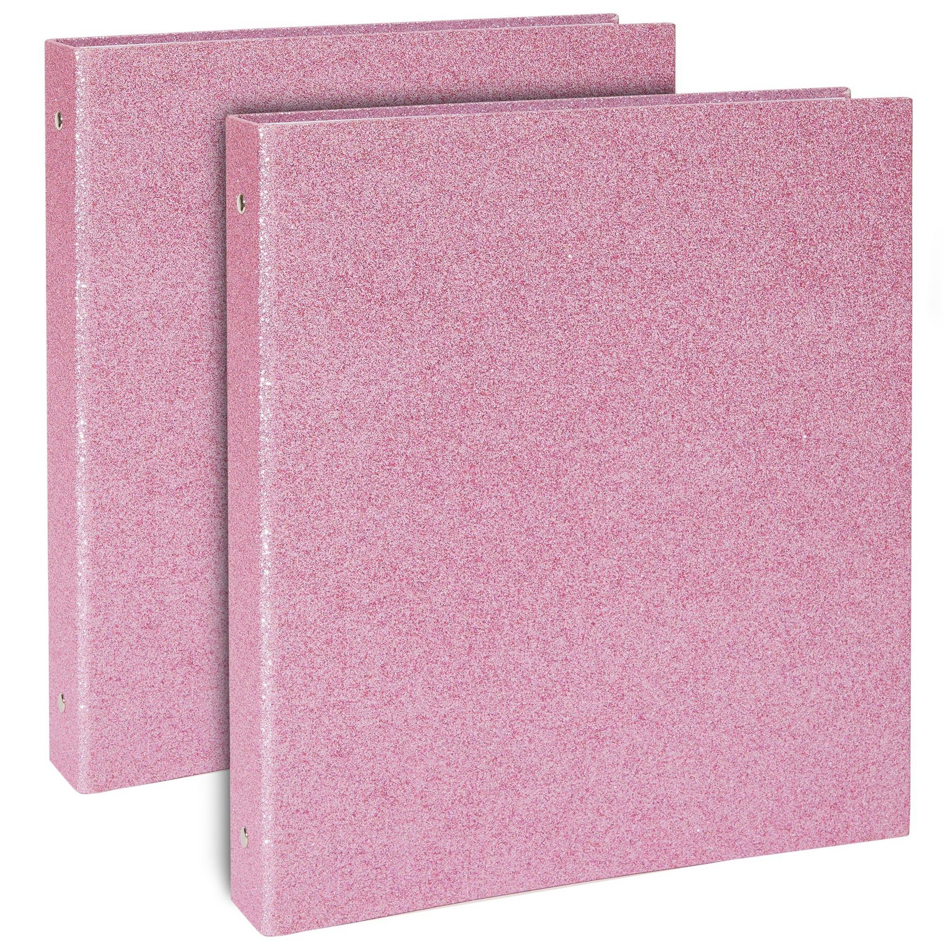 Paper Junkie 2 Pack Sparkly Pink 3 Ring Binder with 2 Inch Rings, Glitter File Folder Pockets for Office Supplies, 350 Sheet Capacity, 11 x 12 In